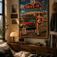 Route 66 Drive-In Restaurant Poster, Vintage Americana Wall Art, Retro Diner Print, Classic American Road Trip Decor