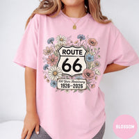 Route 66 Floral 100 Years Anniversary Comfort Colors® T-Shirt, Vintage Wildflower Route 66 Gift, Retro Road Trip Graphic Tee, Women's Travel