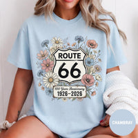 Route 66 Floral 100 Years Anniversary Comfort Colors® T-Shirt, Vintage Wildflower Route 66 Gift, Retro Road Trip Graphic Tee, Women's Travel