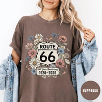 Route 66 Floral 100 Years Anniversary Comfort Colors® T-Shirt, Vintage Wildflower Route 66 Gift, Retro Road Trip Graphic Tee, Women's Travel