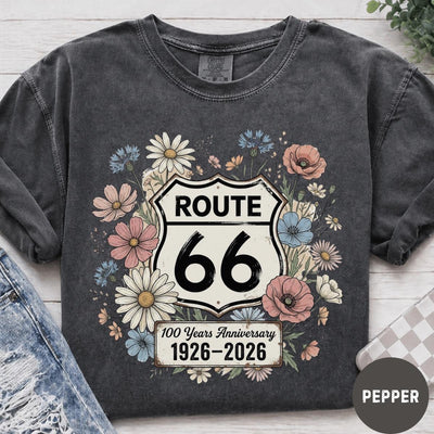 Route 66 Floral 100 Years Anniversary Comfort Colors® T-Shirt, Vintage Wildflower Route 66 Gift, Retro Road Trip Graphic Tee, Women's Travel