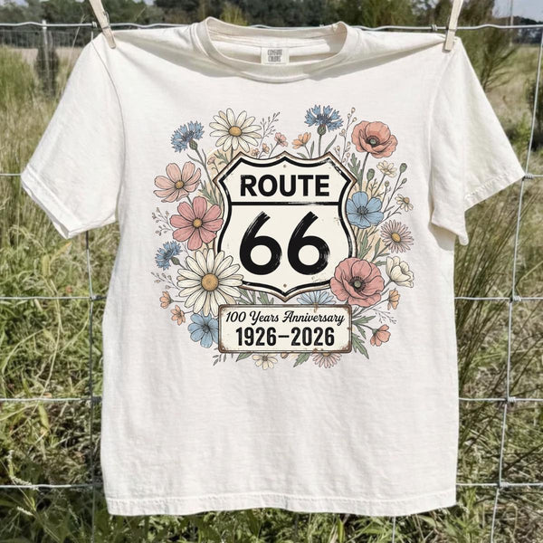 Route 66 Floral 100 Years Anniversary Comfort Colors® T-Shirt, Vintage Wildflower Route 66 Gift, Retro Road Trip Graphic Tee, Women's Travel