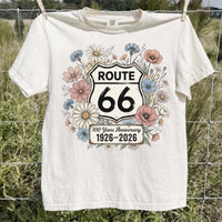 Route 66 Floral 100 Years Anniversary Comfort Colors® T-Shirt, Vintage Wildflower Route 66 Gift, Retro Road Trip Graphic Tee, Women's Travel