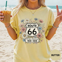 Route 66 Floral 100 Years Anniversary Comfort Colors® T-Shirt, Vintage Wildflower Route 66 Gift, Retro Road Trip Graphic Tee, Women's Travel