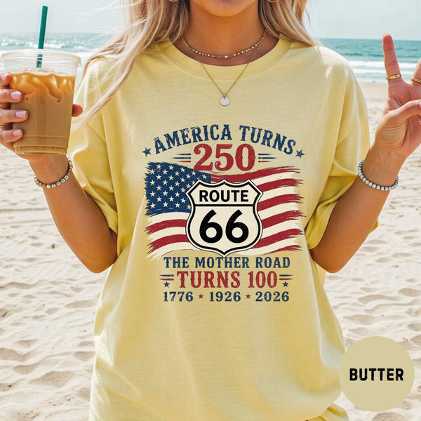 Route 66 100 Years & America 250 T-Shirt, USA 250th Anniversary Gift, Historic Route 66 Centennial Graphic Tee, Patriotic Road Trip Shirt