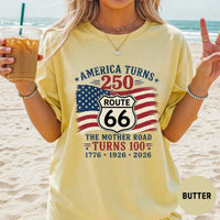 Route 66 100 Years & America 250 T-Shirt, USA 250th Anniversary Gift, Historic Route 66 Centennial Graphic Tee, Patriotic Road Trip Shirt