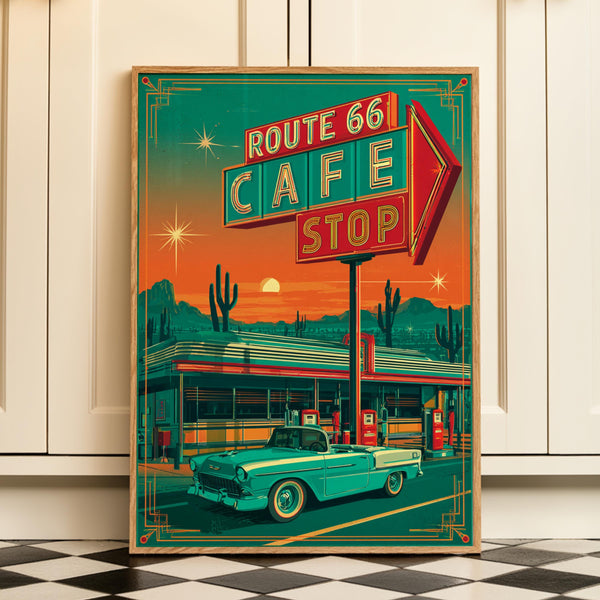 Route 66 Cafe Retro Diner Poster, Mid Century Classic Car Desert Wall Art Print