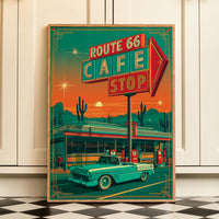 Route 66 Cafe Retro Diner Poster, Mid Century Classic Car Desert Wall Art Print