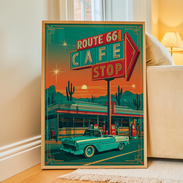 Route 66 Cafe Retro Diner Poster, Mid Century Classic Car Desert Wall Art Print