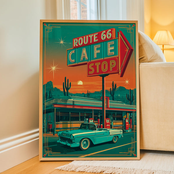 Route 66 Cafe Retro Diner Poster, Mid Century Classic Car Desert Wall Art Print