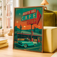 Route 66 Cafe Retro Diner Poster, Mid Century Classic Car Desert Wall Art Print