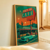 Route 66 Cafe Retro Diner Poster, Mid Century Classic Car Desert Wall Art Print