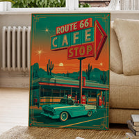 Route 66 Cafe Retro Diner Poster, Mid Century Classic Car Desert Wall Art Print