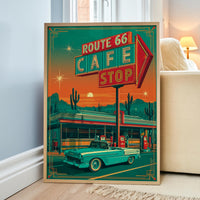 Route 66 Cafe Retro Diner Poster, Mid Century Classic Car Desert Wall Art Print