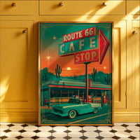 Route 66 Cafe Retro Diner Poster, Mid Century Classic Car Desert Wall Art Print
