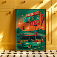 Route 66 Cafe Retro Diner Poster, Mid Century Classic Car Desert Wall Art Print