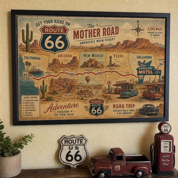 Route 66 The Mother Road Map Print, Vintage Americana Highway Poster, Southwest Desert Travel Wall Art, Retro Gas Station Road Trip Decor