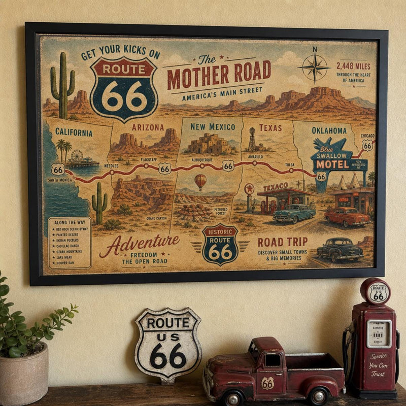 Route 66 The Mother Road Map Print, Vintage Americana Highway Poster, Southwest Desert Travel Wall Art, Retro Gas Station Road Trip Decor