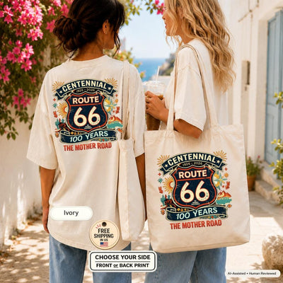 Route 66 Centennial Shirt and Tote Bag, The Mother Road 100 Years Gift, Historic Highway Road Trip Lover Matching Set 2026