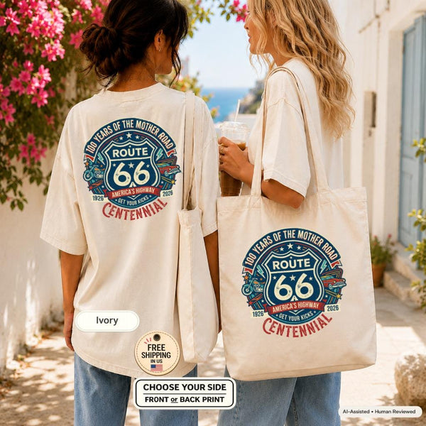 Route 66 Centennial Shirt and Tote Bag, Historic Highway Gift, Route 66 100 Years Anniversary, Road Trip Lover Matching Set