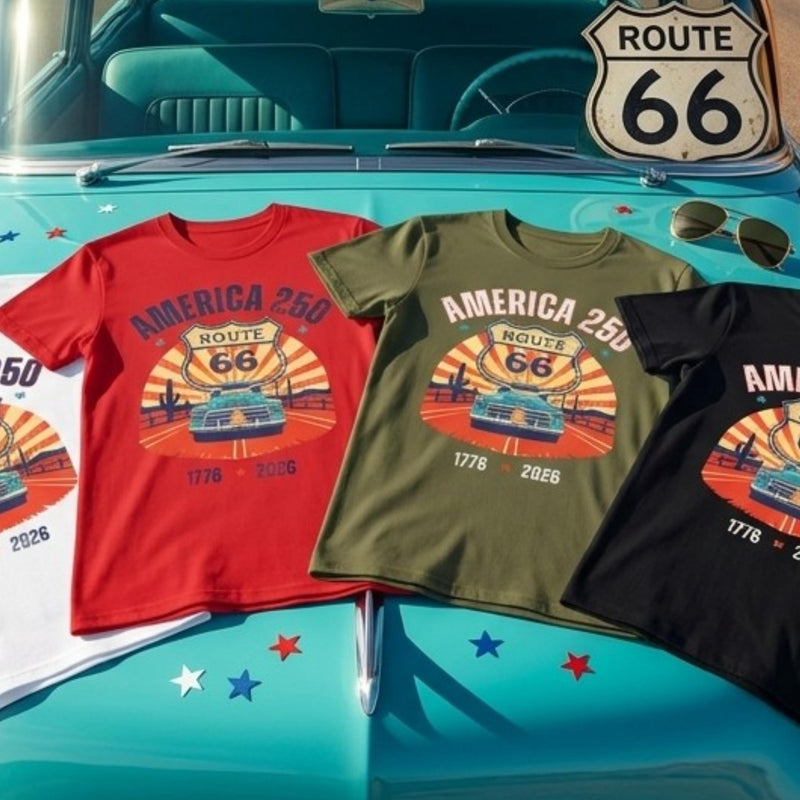 America 250 Route 66 Vintage Shield T-Shirt | 1776-2026 Roadtrip Tee