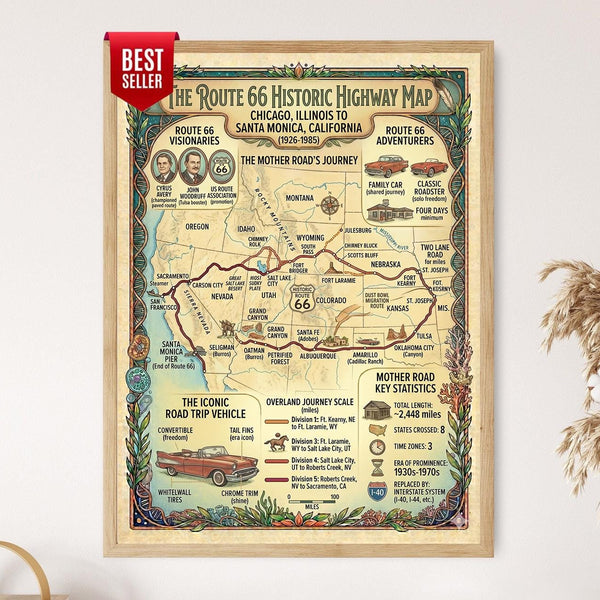 Route 66 Historic Highway Map, American Road Trip Wall Art