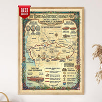 Route 66 Historic Highway Map, American Road Trip Wall Art