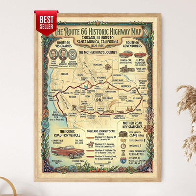 Route 66 Historic Highway Map, American Road Trip Wall Art