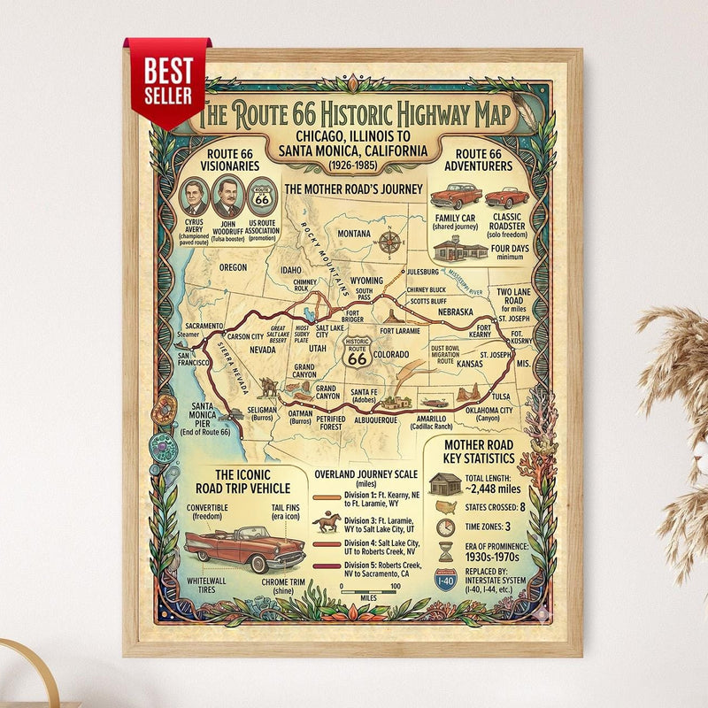 Route 66 Historic Highway Map, American Road Trip Wall Art