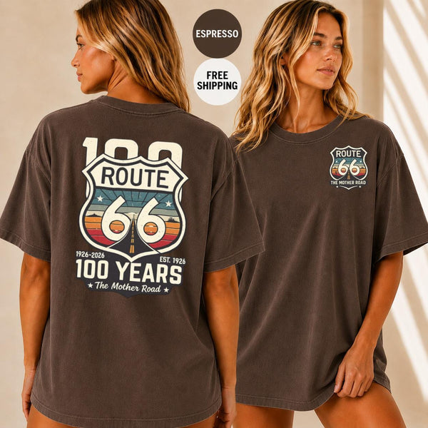 Route 66 100 Years T-Shirt, Vintage Americana Road Trip Tee, Distressed Mother Road Centennial Gift, Retro Travel Shirt for Him Her