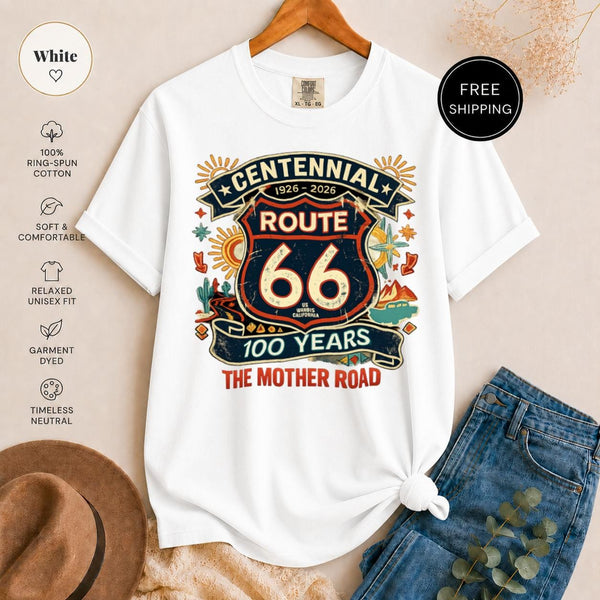 Route 66 Centennial Shirt, MotherRoad 100 Years, Vintage Road Trip Tee, Americana Travel Gift