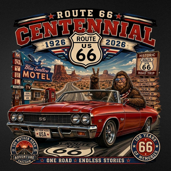Bigfoot Route 66 Centennial T-Shirt 2026 | Vintage Style Road Trip Graphic Tee | Mother Road 100th Anniversary Gift for Him & Her | Retro
