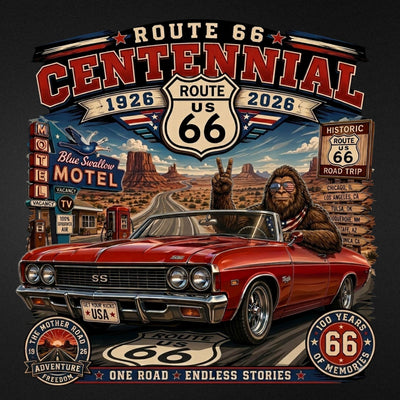 Bigfoot Route 66 Centennial T-Shirt 2026 | Vintage Style Road Trip Graphic Tee | Mother Road 100th Anniversary Gift for Him & Her | Retro