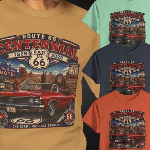 Bigfoot Route 66 Centennial T-Shirt 2026 | Vintage Style Road Trip Graphic Tee | Mother Road 100th Anniversary Gift for Him & Her | Retro