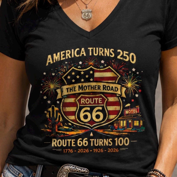 America Turns 250 Route 66 Turns 100 Womens V Neck Shirt, Patriotic USA Road Trip Tee, Mother Road Americana Top