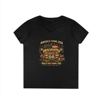 America Turns 250 Route 66 Turns 100 Womens V Neck Shirt, Patriotic USA Road Trip Tee, Mother Road Americana Top