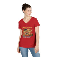 America Turns 250 Route 66 Turns 100 Womens V Neck Shirt, Patriotic USA Road Trip Tee, Mother Road Americana Top