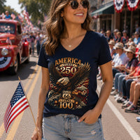 America Turns 250 Route 66 Turns 100 Womens V Neck Shirt, Patriotic Eagle Americana Tee, USA Road Trip Shirt