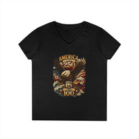 America Turns 250 Route 66 Turns 100 Womens V Neck Shirt, Patriotic Eagle Americana Tee, USA Road Trip Shirt