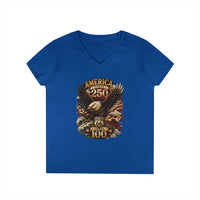America Turns 250 Route 66 Turns 100 Womens V Neck Shirt, Patriotic Eagle Americana Tee, USA Road Trip Shirt