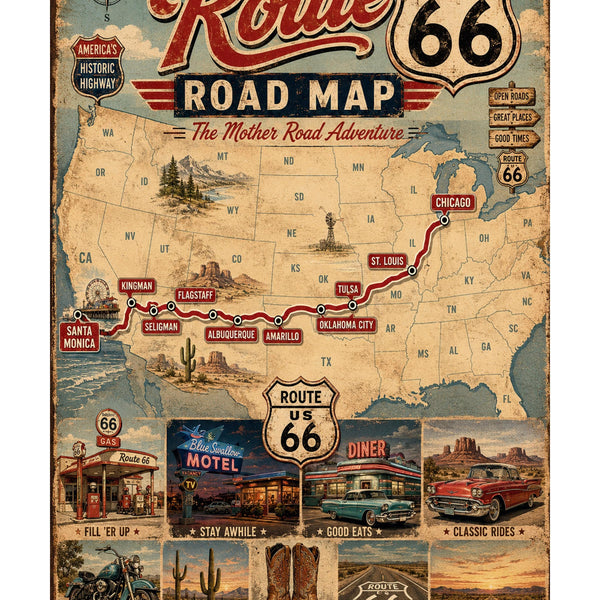 Route 66 Road Map Poster, Vintage Americana Wall Art, Retro Travel Print, Mother Road Digital Download, Man Cave Decor, Printable Wall Art