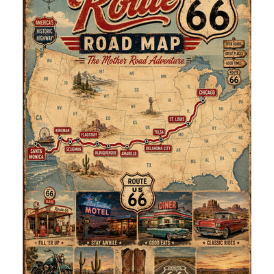 Route 66 Road Map Poster, Vintage Americana Wall Art, Retro Travel Print, Mother Road Digital Download, Man Cave Decor, Printable Wall Art