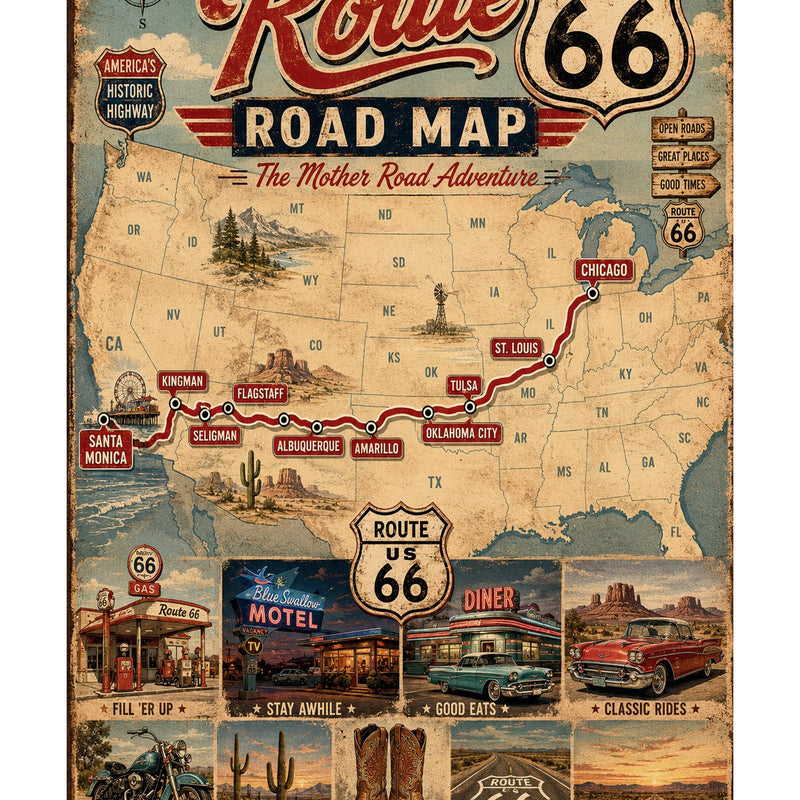 Route 66 Road Map Poster, Vintage Americana Wall Art, Retro Travel Print, Mother Road Digital Download, Man Cave Decor, Printable Wall Art