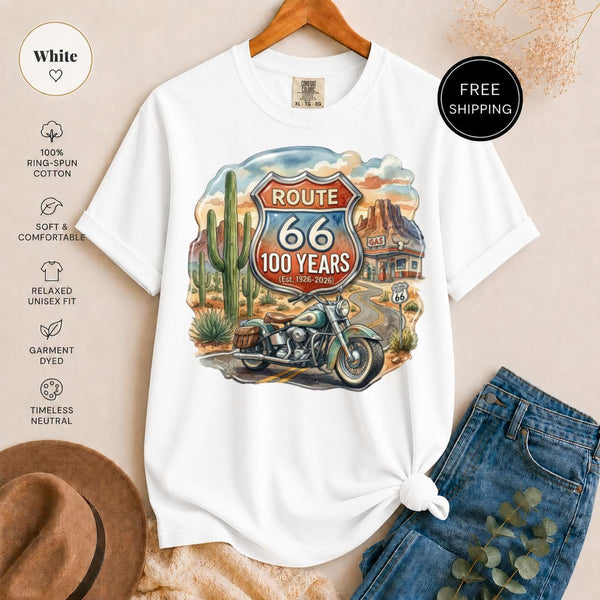 Route 66 100 Year Anniversary T-Shirt, Vintage Motorcycle Desert Road Trip Tee, Americana Travel Gift