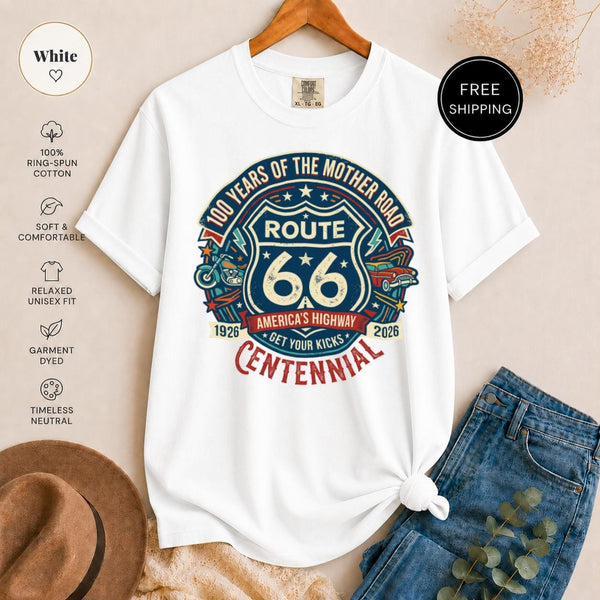 Route 66 Centennial T-Shirt, 100 Years Mother Road Vintage Americana Classic Car Motorcycle Road Trip Tee, Get Your Kicks