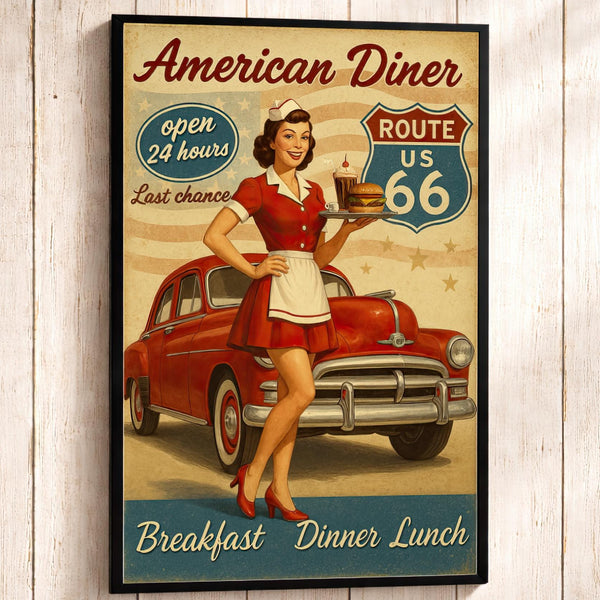 Vintage Route 66 Diner Poster: 1950s Retro Americana Wall Art