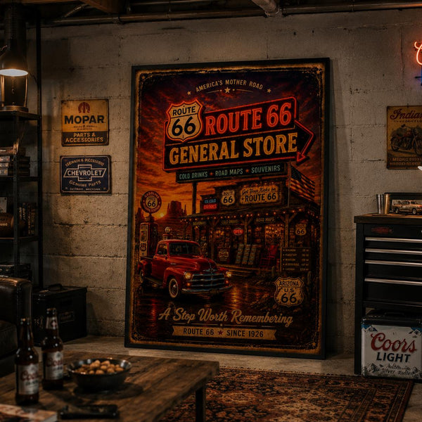 Route 66 General Store Poster, Vintage Route 66 Wall Art, Retro Americana Decor, Arizona Highway Sign Print, Man Cave Garage Office Gift