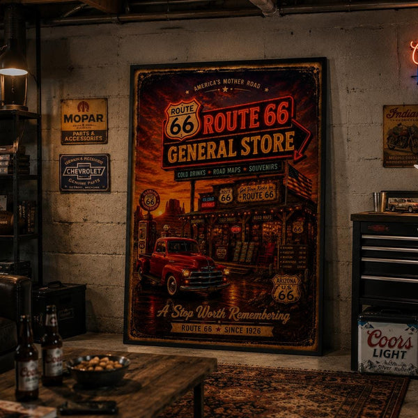 Route 66 General Store Poster, Vintage Route 66 Wall Art, Retro Americana Decor, Arizona Highway Sign Print, Man Cave Garage Office Gift