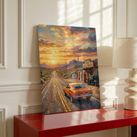 Summer Road Trip Wall Art, Route 66 Vintage Print, Retro American Highway Decor, Classic Car Sunset Poster