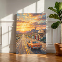 Summer Road Trip Wall Art, Route 66 Vintage Print, Retro American Highway Decor, Classic Car Sunset Poster